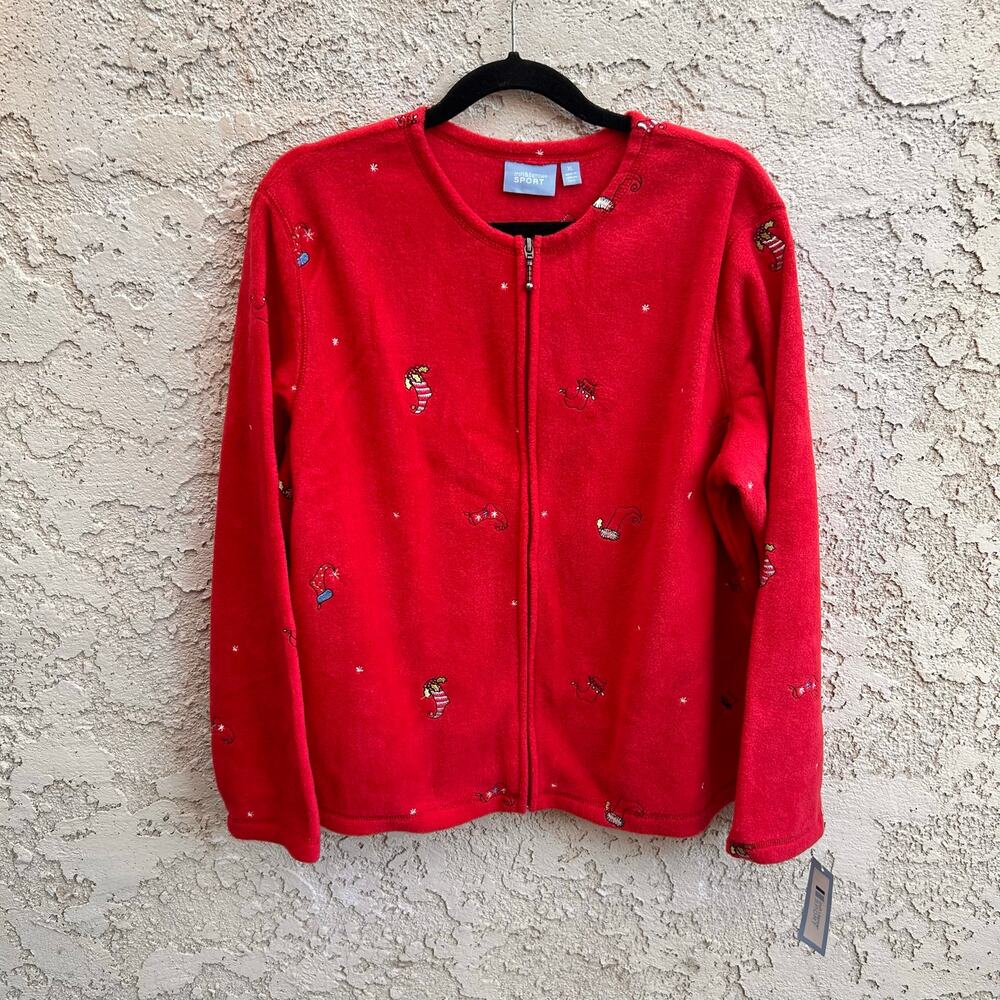 NWT Vintage Croft & Barrow Christmas Holiday Fleece Zip Jacket Red XL